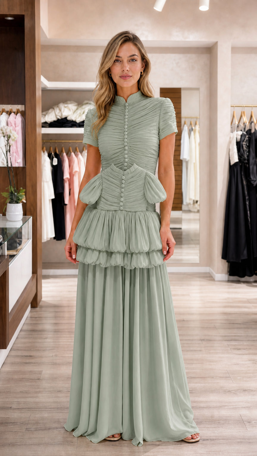Model wearing sage green ruched tiered formal maxi dress