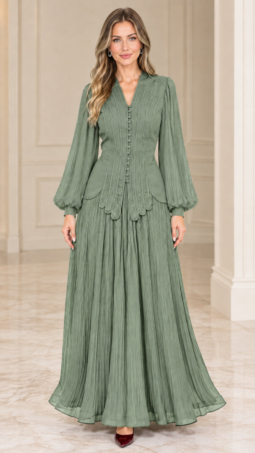 Sage green pleated long sleeve V-neck maxi evening gown