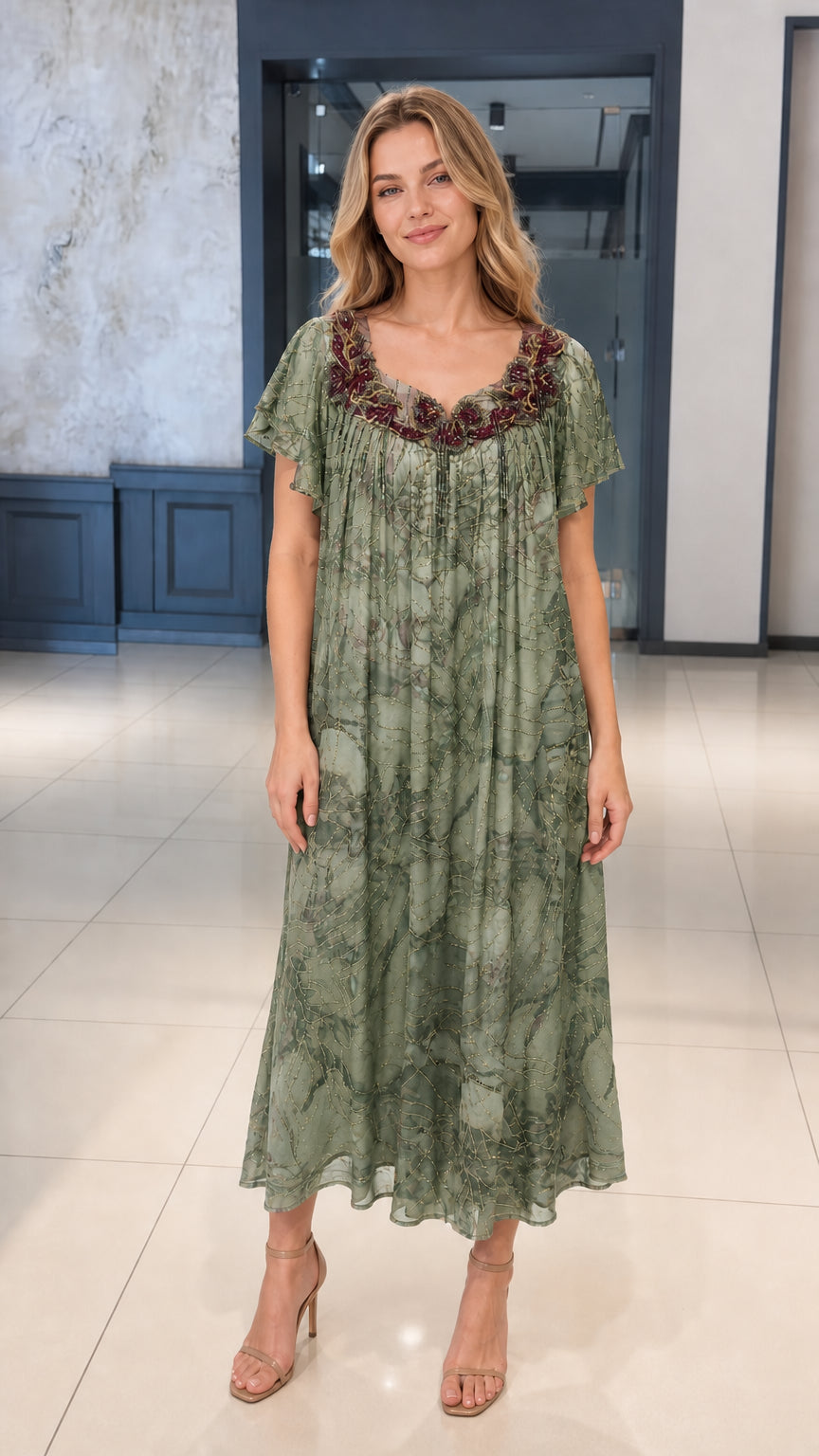 Front view of sage green printed pleated midi dress