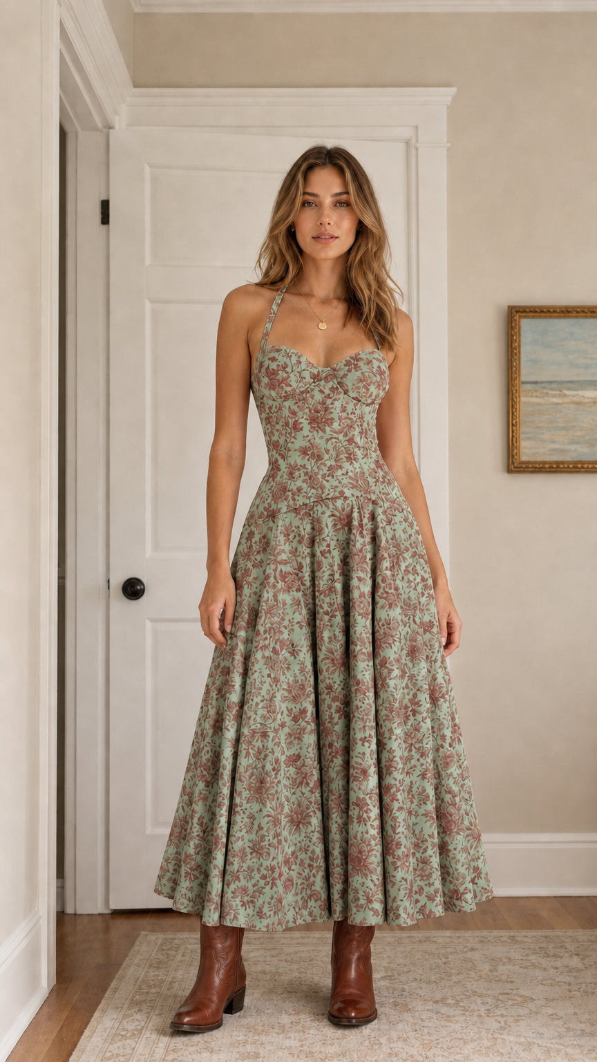 Front view of woman wearing sage green floral halter midi dress