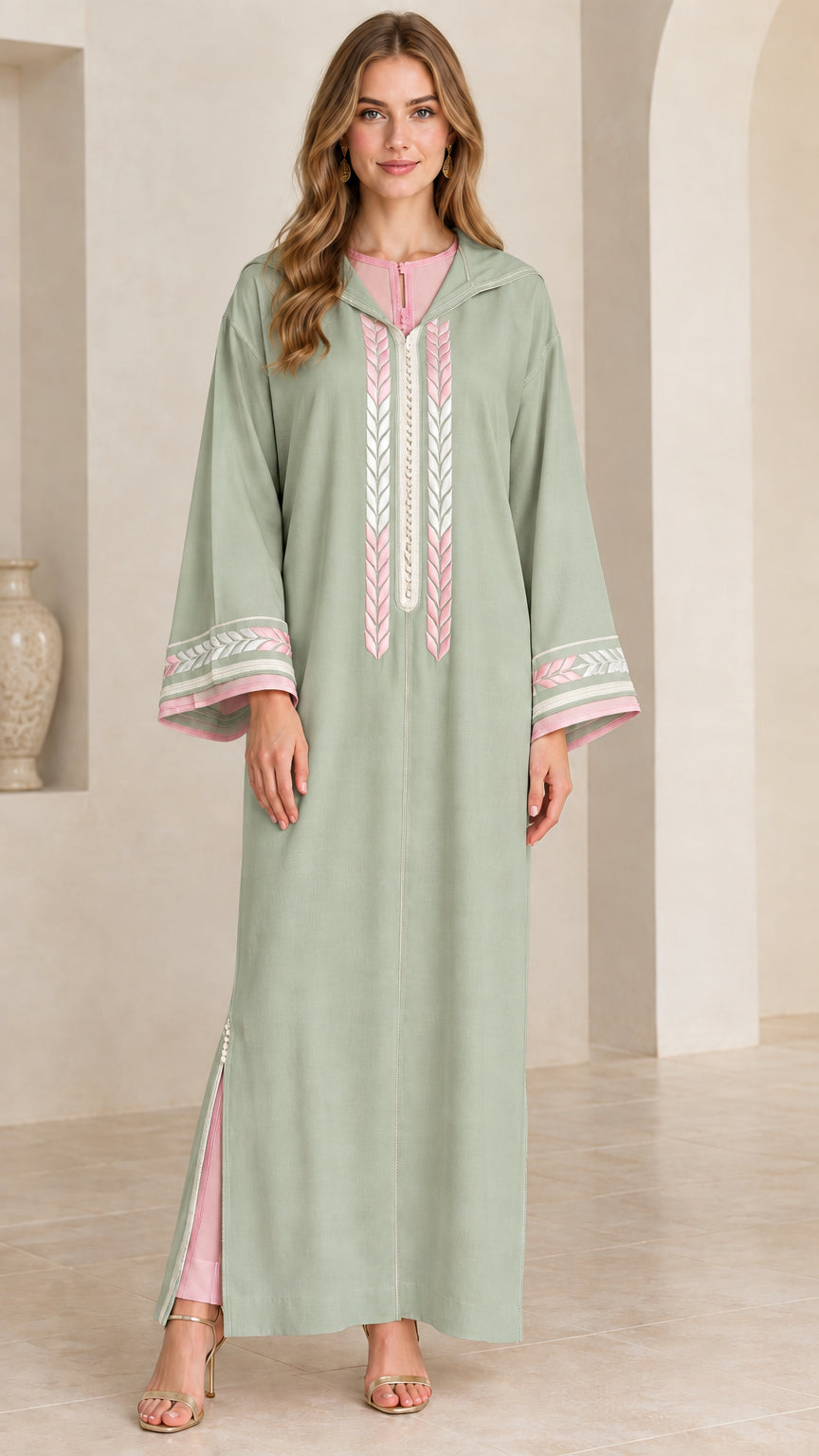 Full front view of women's sage green embroidered hooded kaftan maxi dress