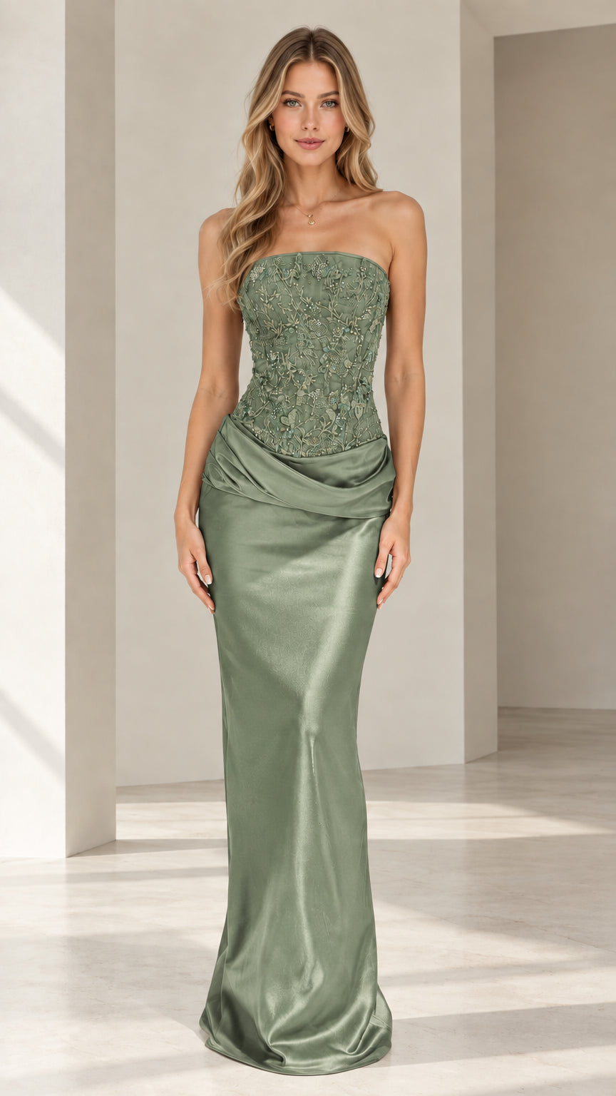 Model wearing sage green strapless beaded corset satin evening gown
