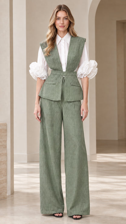 Women's sage green pinstripe waistcoat and wide-leg pants set