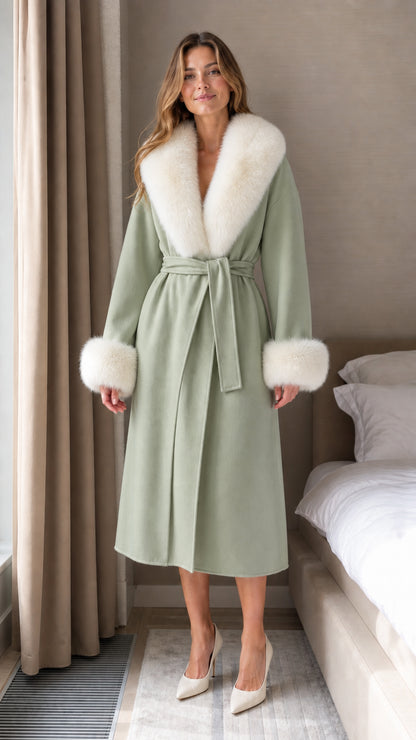 Front view of model wearing Sage Green wrap coat with contrasting cream faux fur trim