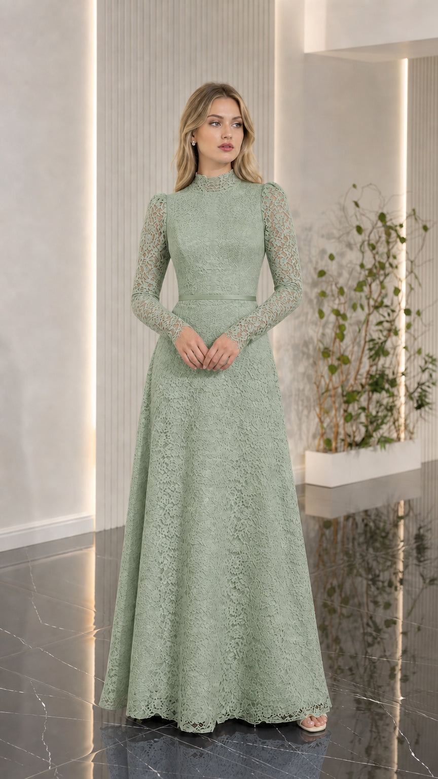 Full-length view of sage green long sleeve lace formal dress