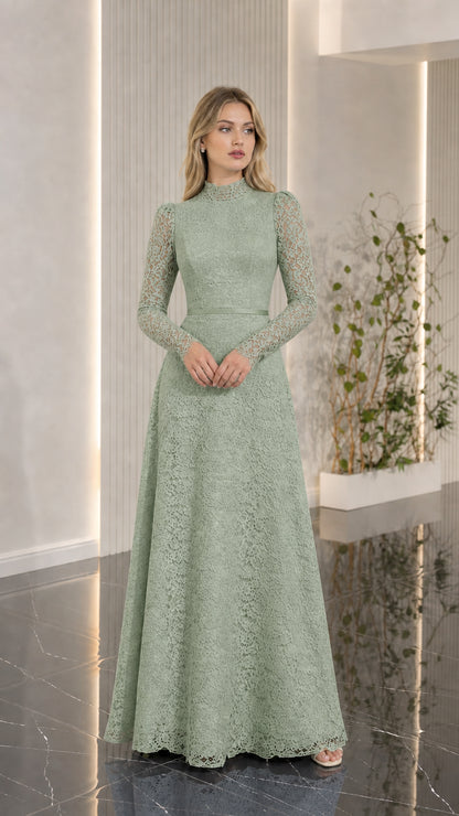 Full-length view of sage green long sleeve lace formal dress