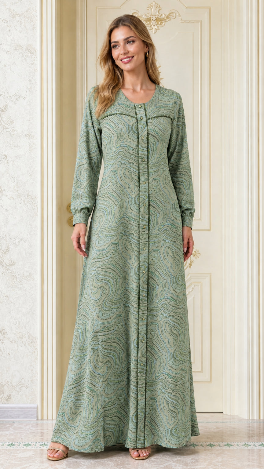 Front view of woman wearing Sage Green swirl print modest maxi dress