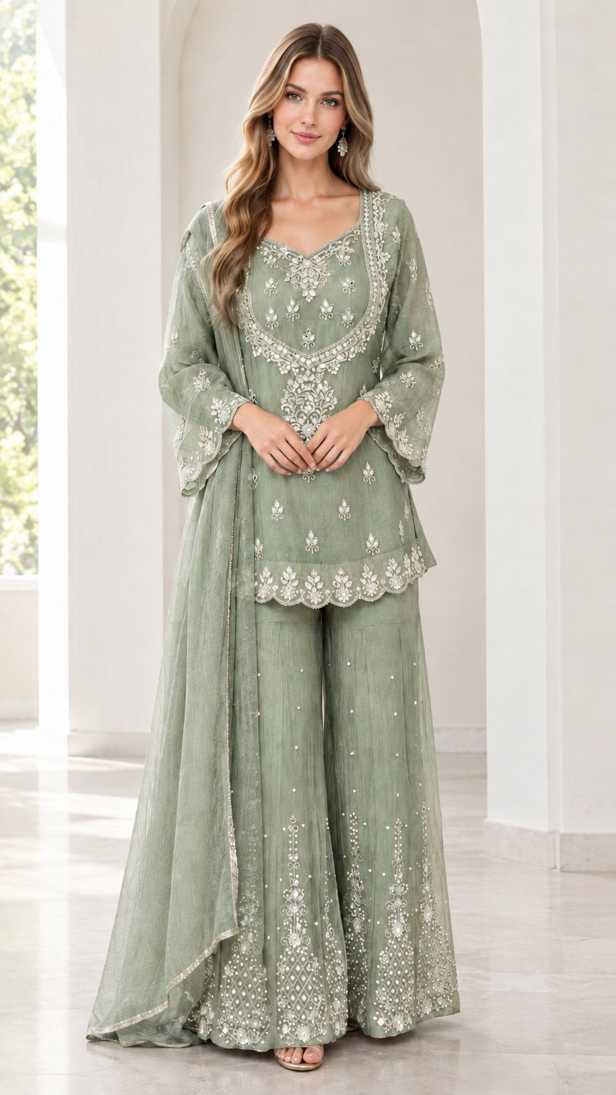 Full front view of women's embroidered sage green 3-piece sharara suit set