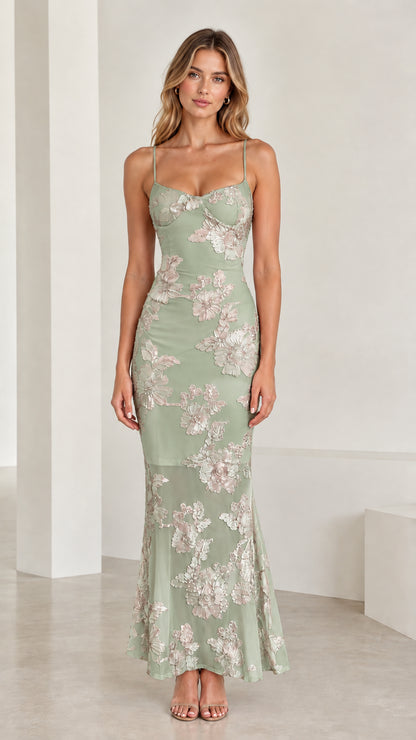 Model wearing Sage Green floral embroidered corset mermaid maxi dress front view