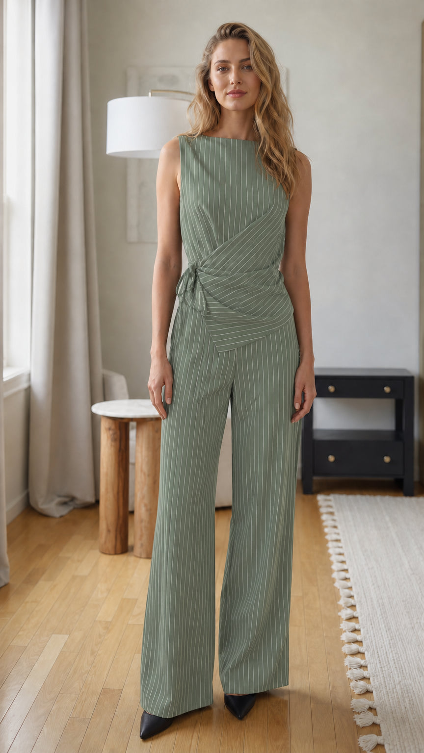 Front view of woman wearing sage green pinstripe jumpsuit