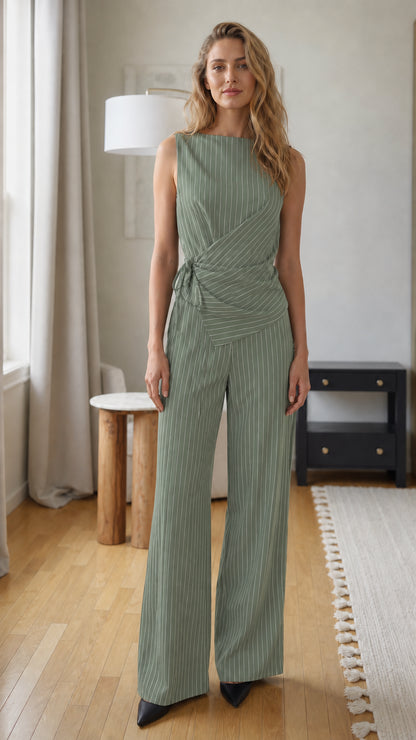 Front view of woman wearing sage green pinstripe jumpsuit