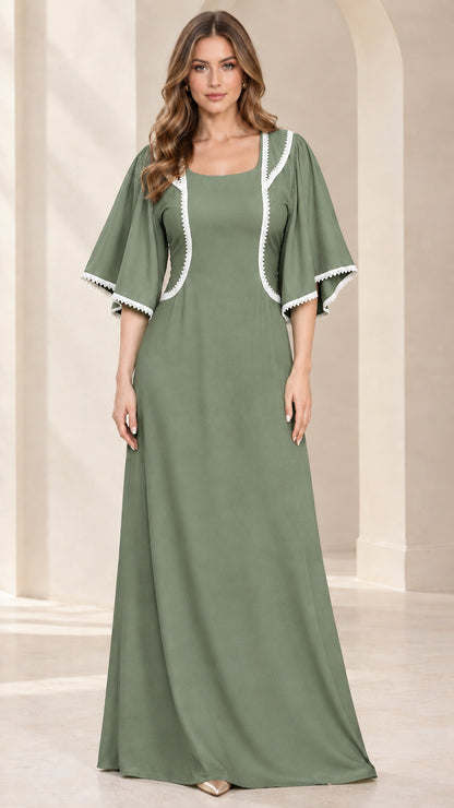 Front view of sage green flutter sleeve square neck maxi dress with white trim