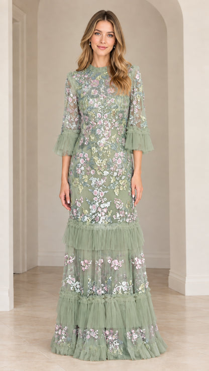 Sage Green floral sequin embroidered tiered maxi evening gown