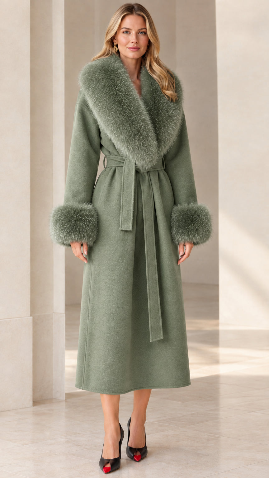 Full front view of women's sage green long belted coat with plush collar and cuffs