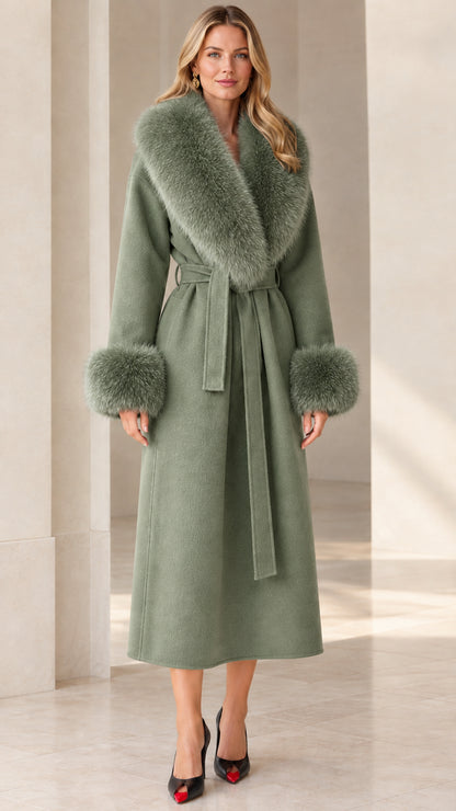 Full front view of women's sage green long belted coat with plush collar and cuffs