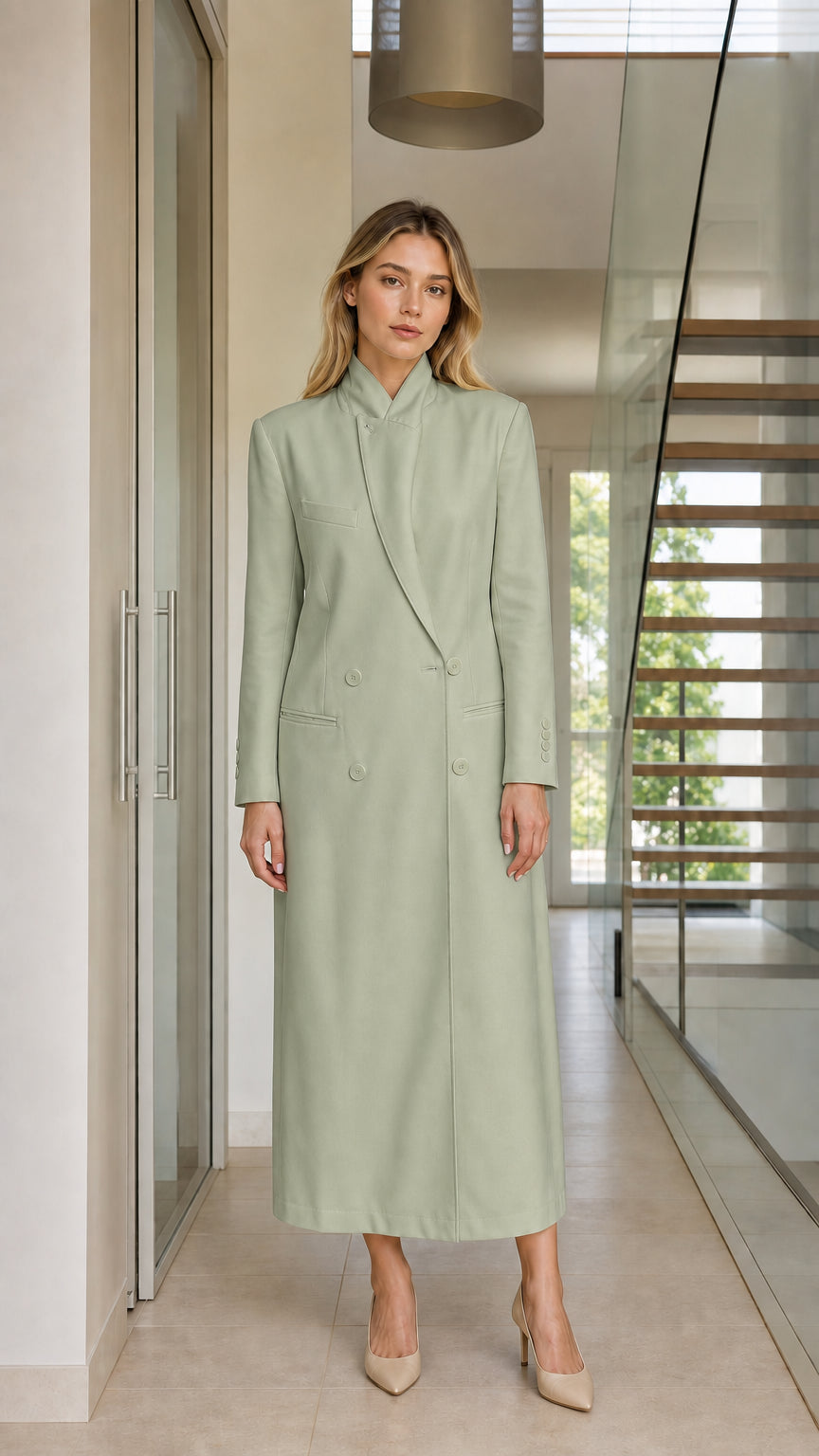 Model wearing sage green stand collar longline coat dress