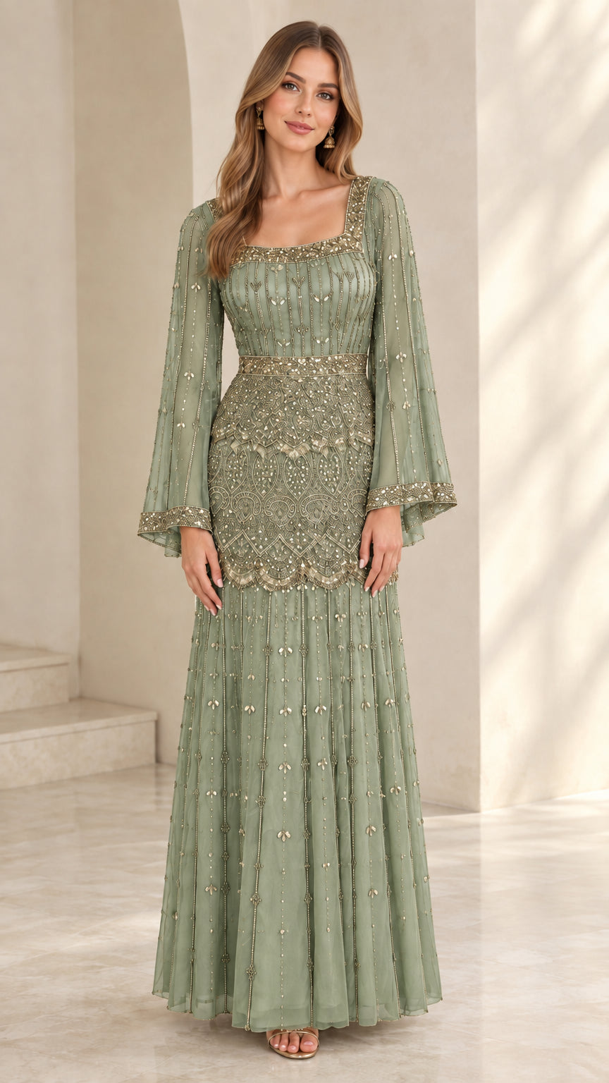 Model wearing sage green beaded formal evening gown with fluted long sleeves