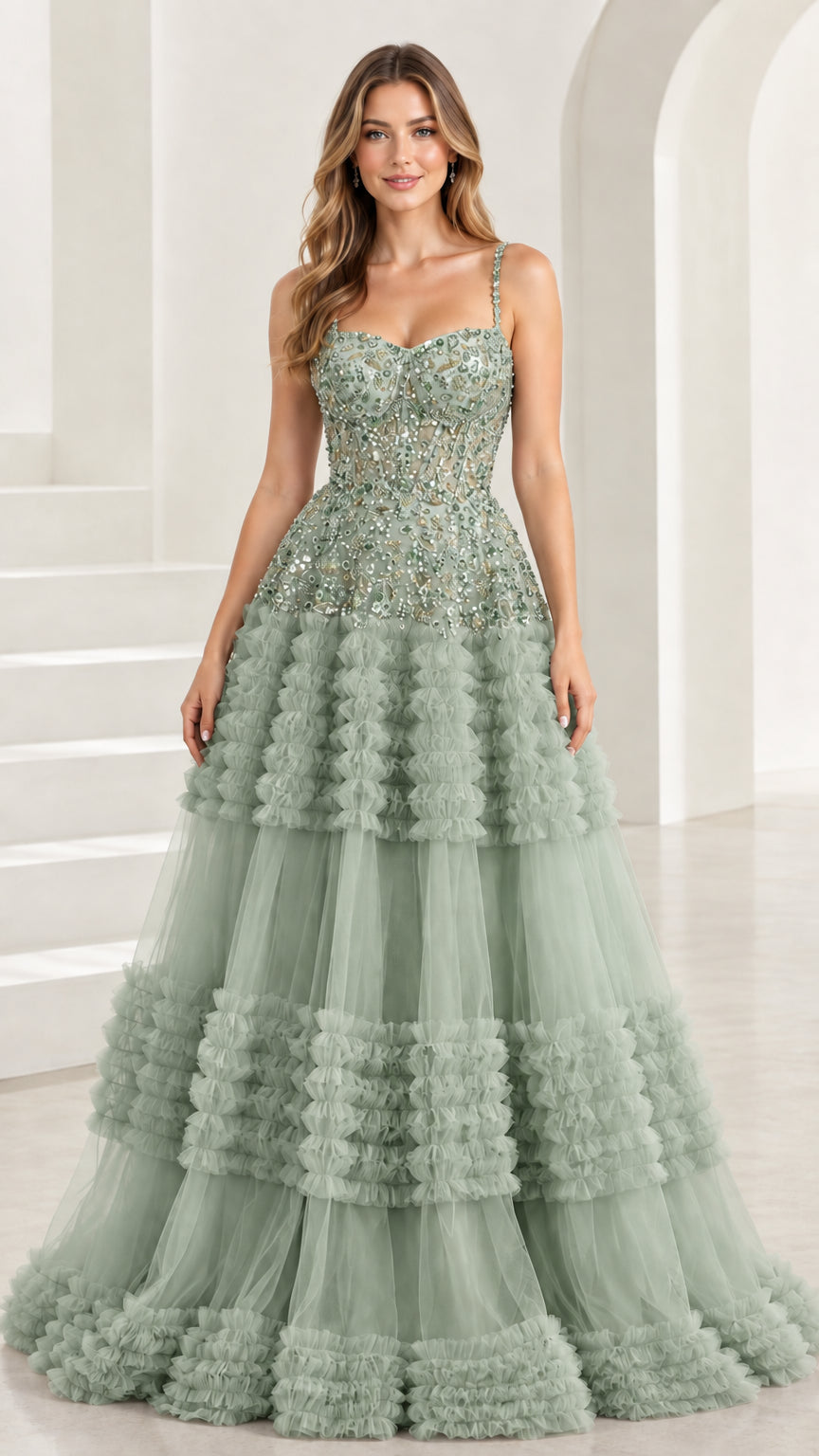 Front view of Sage Green beaded bodice tiered tulle evening dress