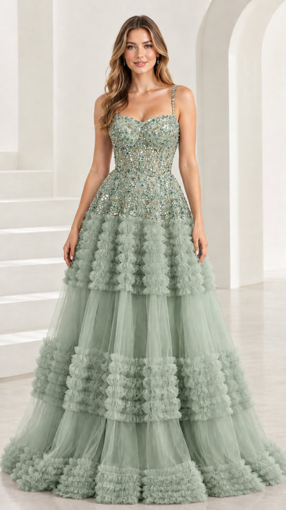 Front view of Sage Green beaded bodice tiered tulle evening dress