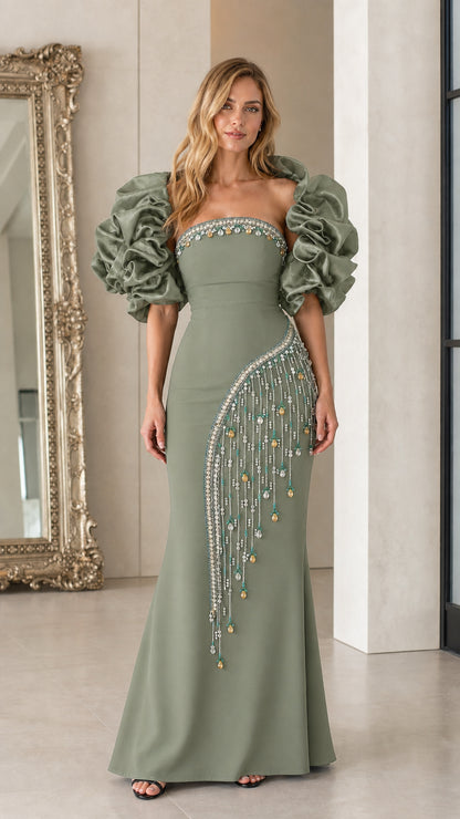 Sage green color variant of the evening gown