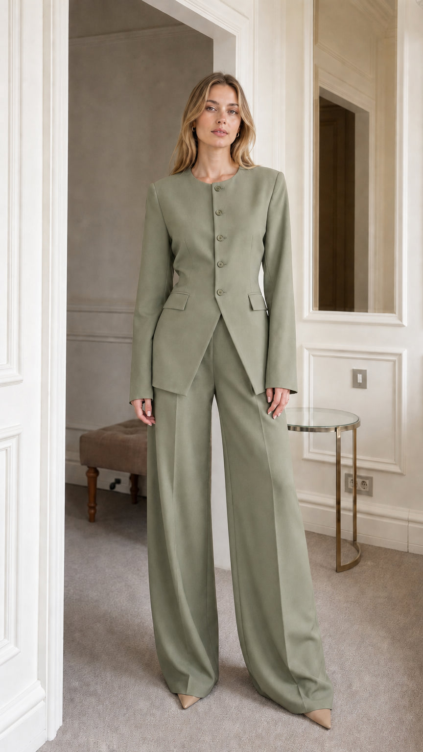 Full view of sage green matching suit set