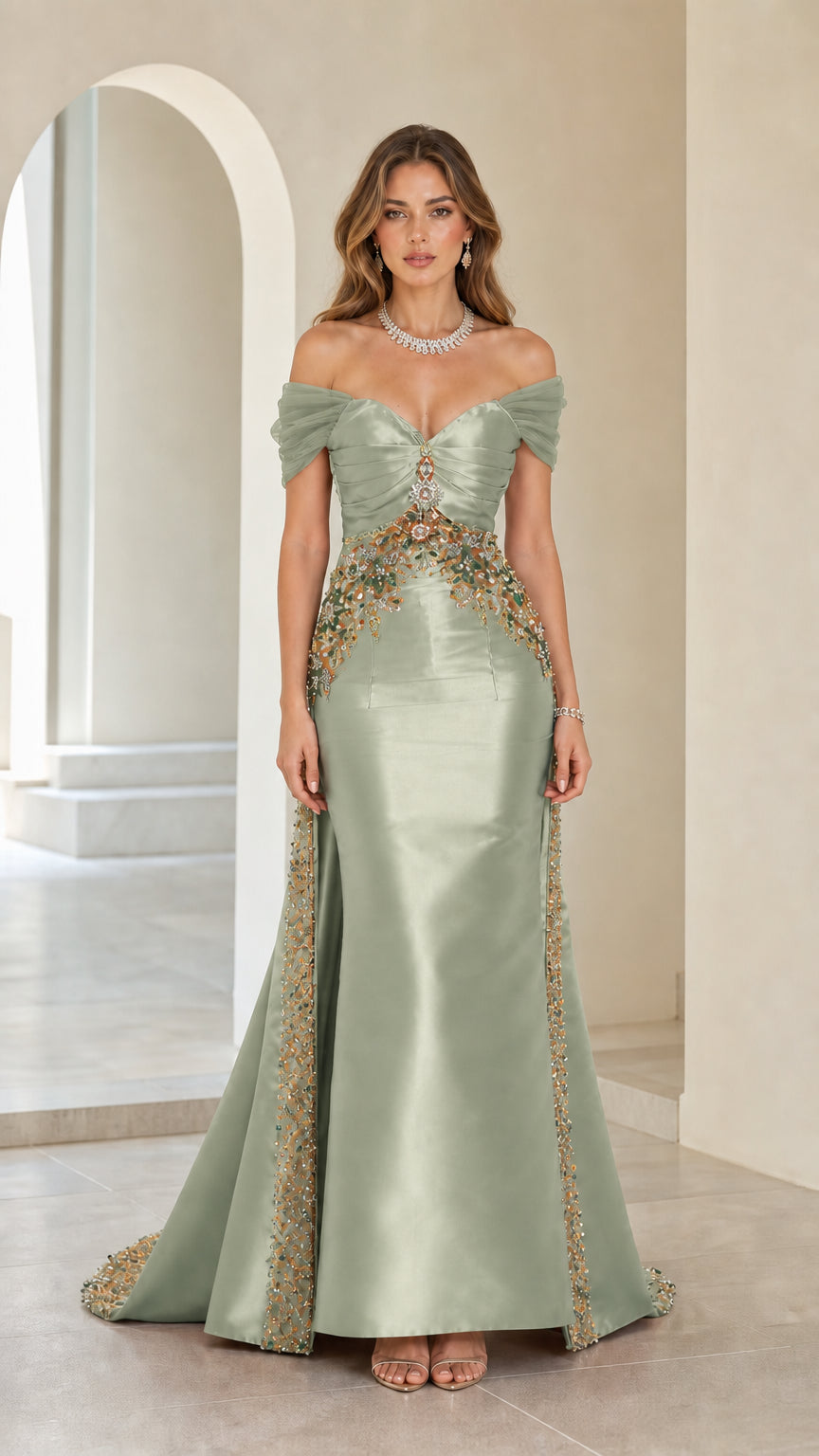 Front view of sage green off-shoulder beaded satin evening gown