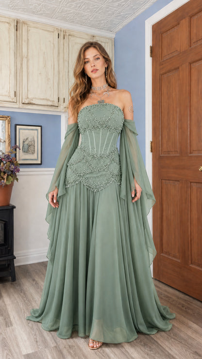 Sage green beaded corset evening gown with romantic draped sleeves