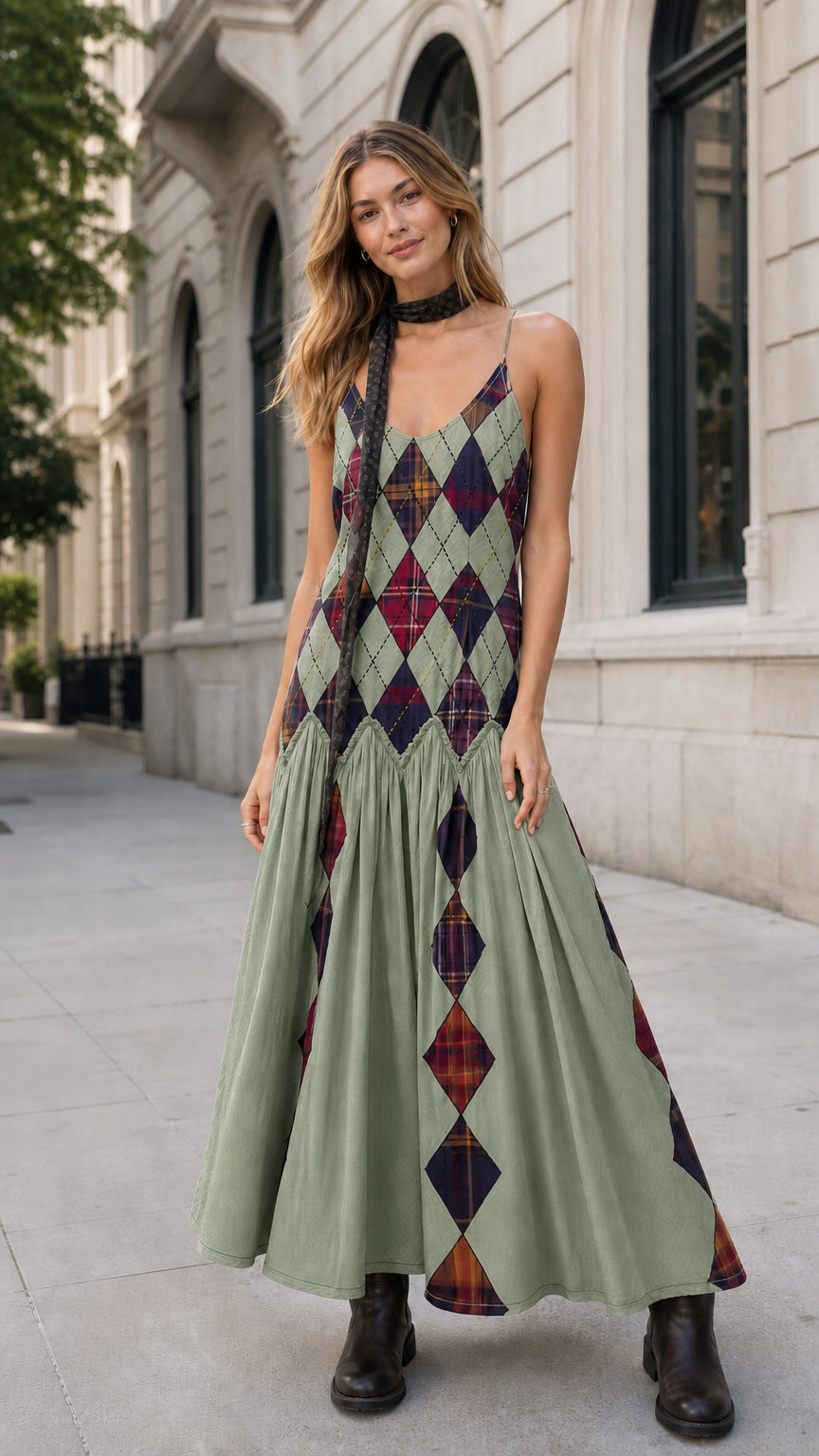 Sage green argyle drop-waist maxi cami dress front view on model