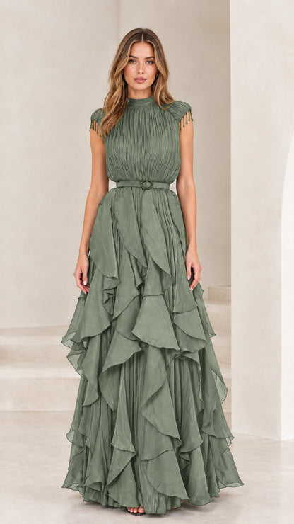 Front view of sage green pleated tiered ruffle evening gown