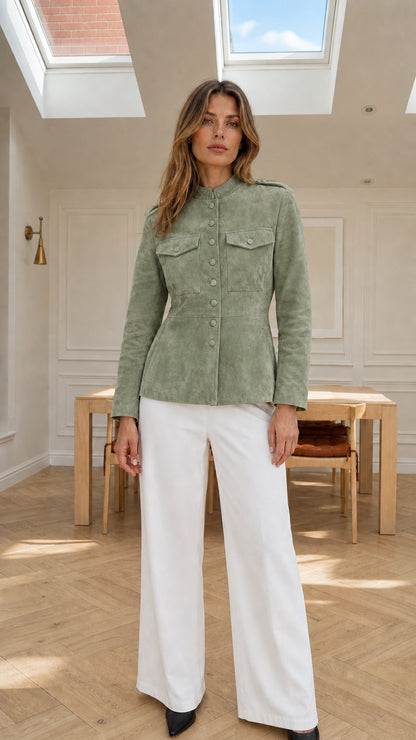 Model wearing sage green faux suede stand collar tailored military jacket