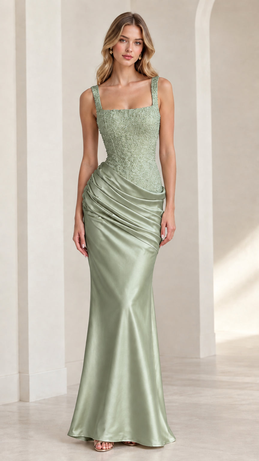 Model wearing sage green square neck sequined evening gown