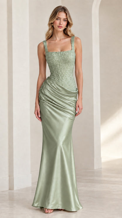 Model wearing sage green square neck sequined evening gown