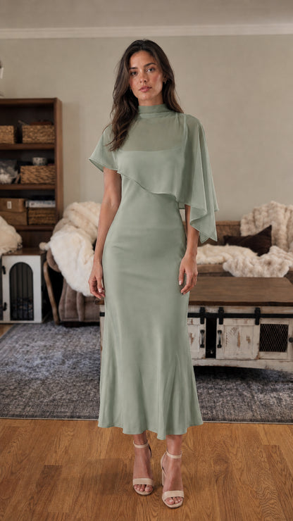 Front view of sage green mock neck cape sleeve midi dress