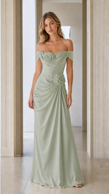 Front view of sage green off-shoulder ruched satin maxi dress