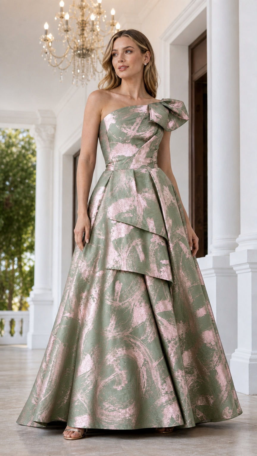 Front view of sage green metallic ball gown