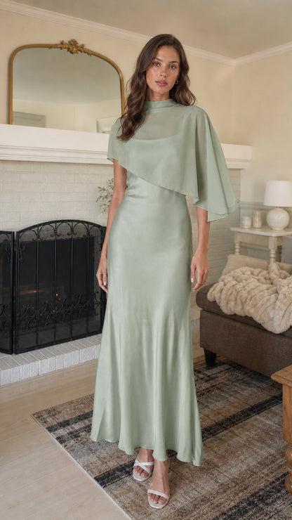 Front view of Sage Green mock neck cape maxi dress