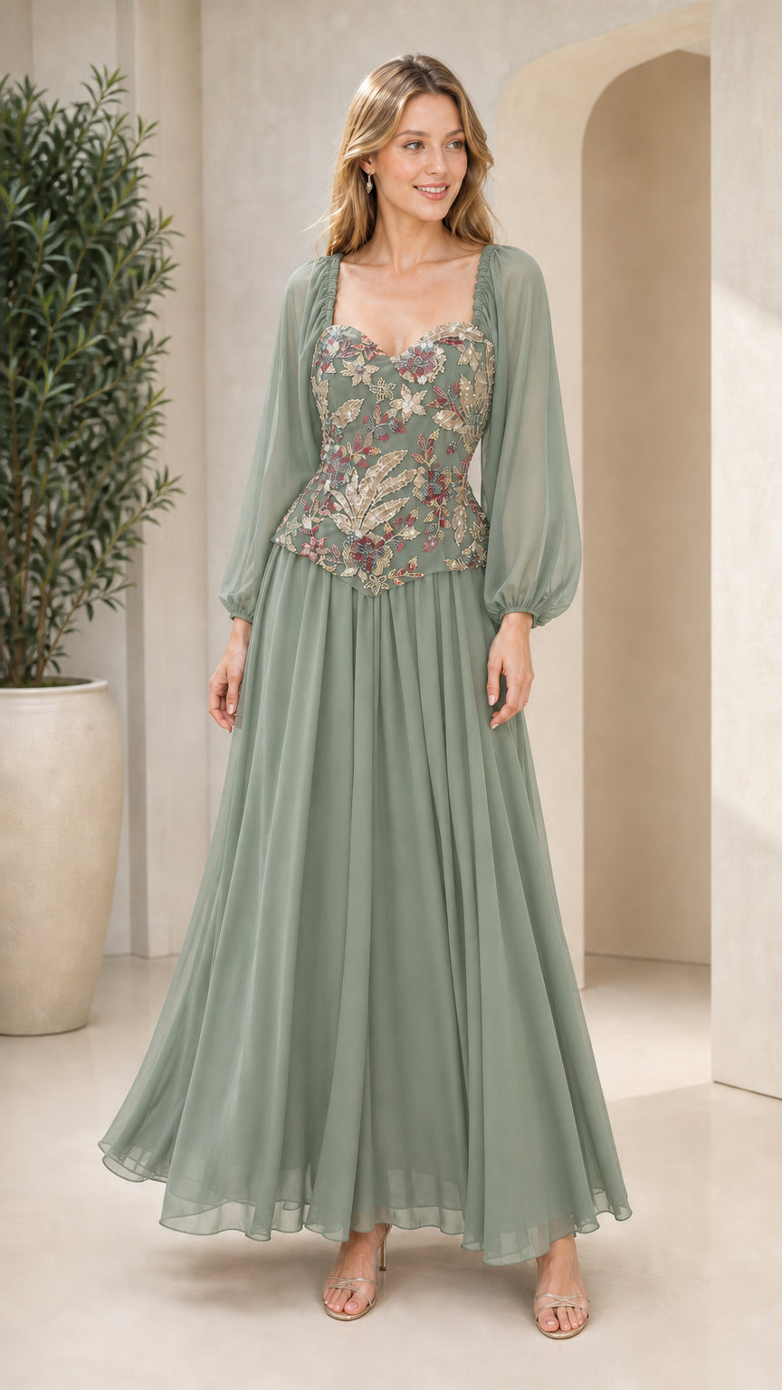 Sage green chiffon evening gown with beaded long sleeve top