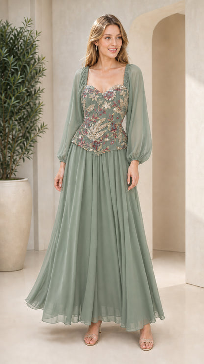 Sage green chiffon evening gown with beaded long sleeve top