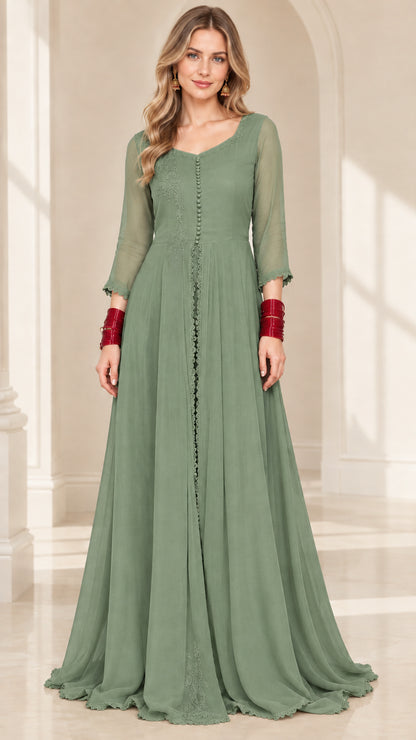 Front view of model wearing sage green chiffon embroidered maxi evening dress