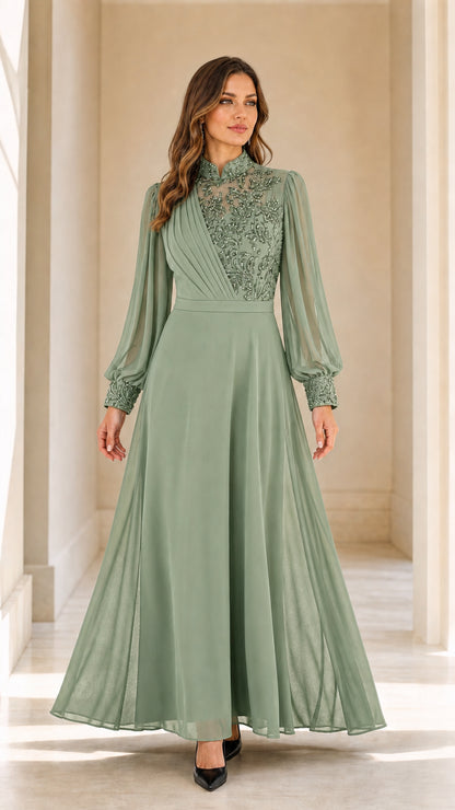 Sage green high neck pleated bodice formal chiffon gown