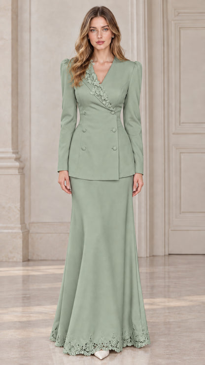 Front view of model wearing sage green formal two-piece evening suit set