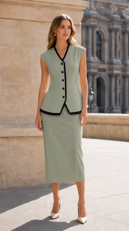 Model wearing sage contrast trim vest and midi skirt set