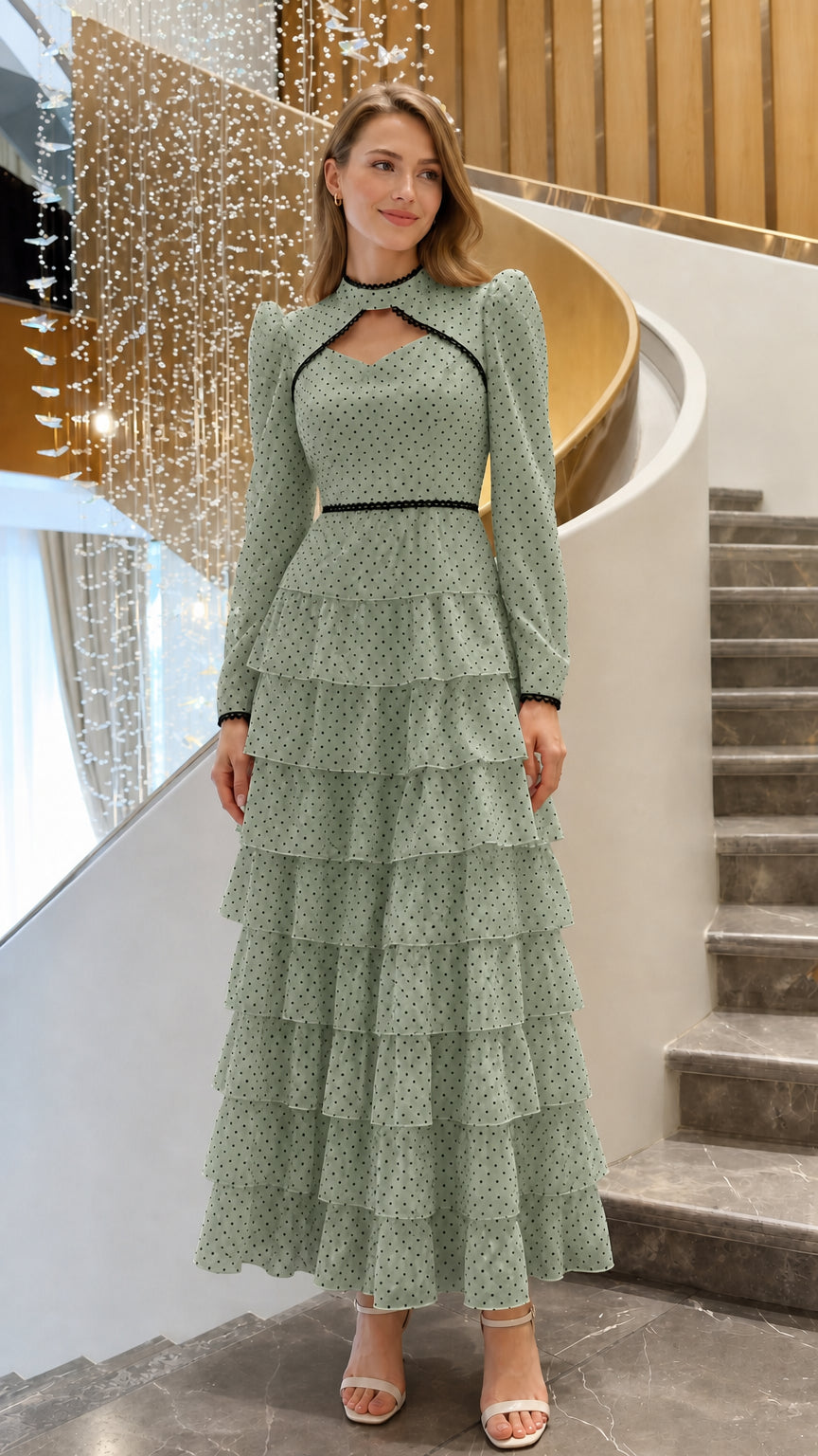 Sage green polka dot tiered long sleeve maxi dress with lace cutout bodice