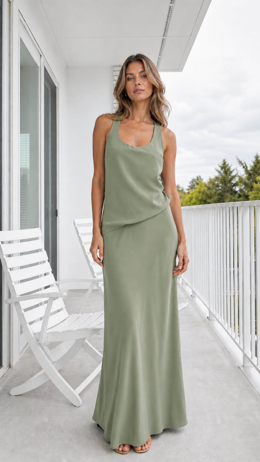Model wearing sage green sleeveless draped overlay maxi dress