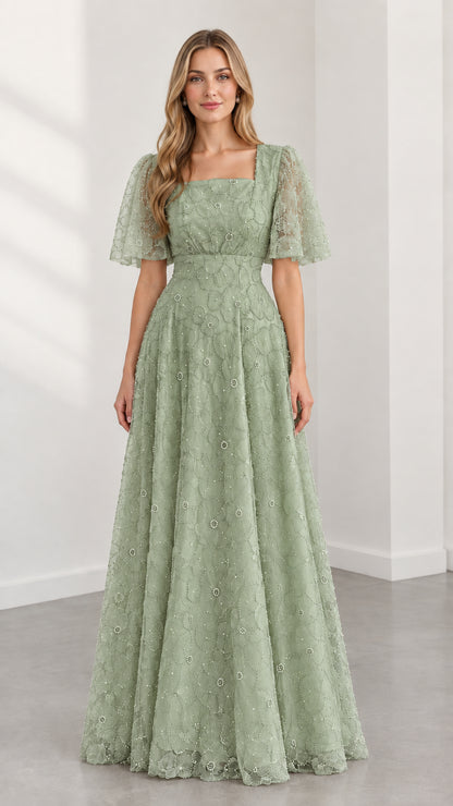 Full-length sage green beaded floral lace floor-length formal dress