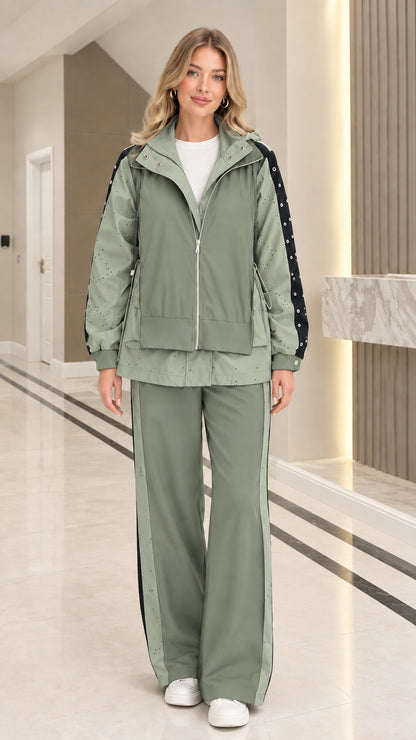 Full front view of woman wearing Sage Green colorblock 2-piece hooded tracksuit set