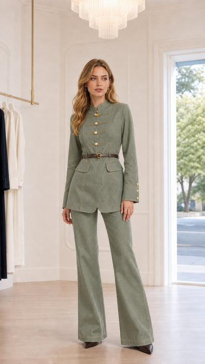 Full-length view of woman wearing sage green military belted jacket and flare pants set