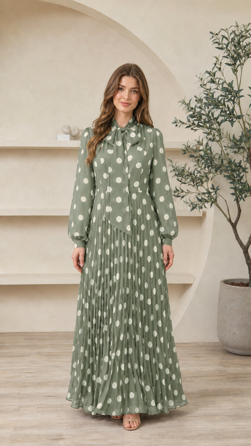 Model wearing sage green polka dot long sleeve tie-neck pleated maxi dress