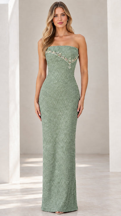 Front view of sage green strapless embellished column maxi dress
