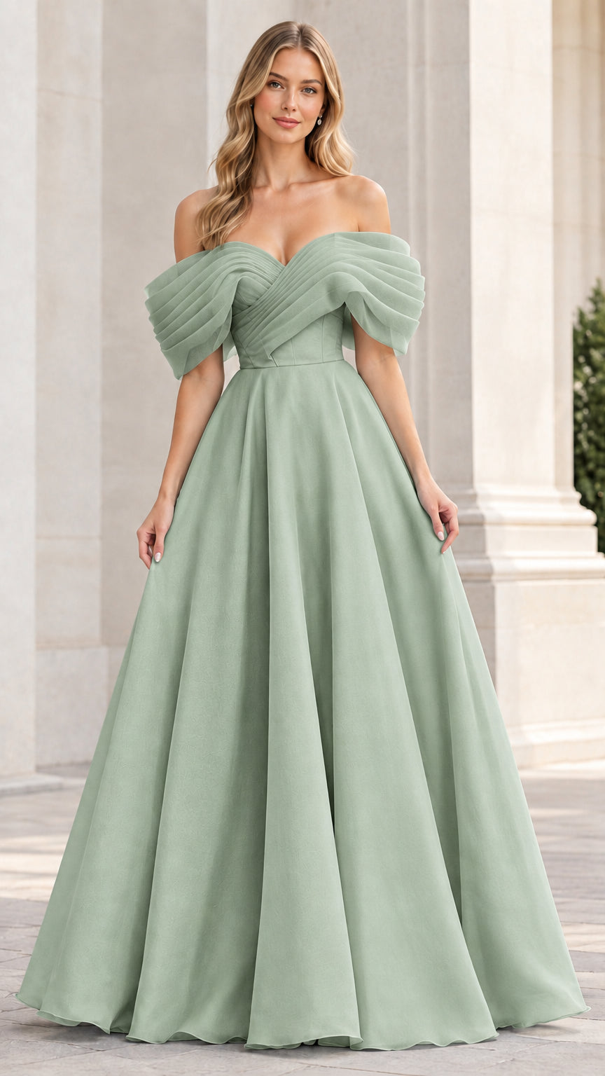 Model wearing a sage green off-the-shoulder pleated maxi evening gown
